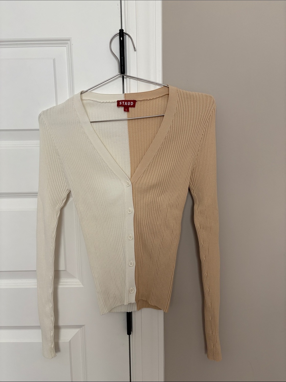 STAUD Two-Tone Ribbed V-Neck Cardigan — Cream & Tan